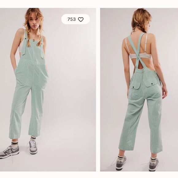 Nwt Free People Intown Dungarees Green White Stripe Overalls - Picture 1 of 6